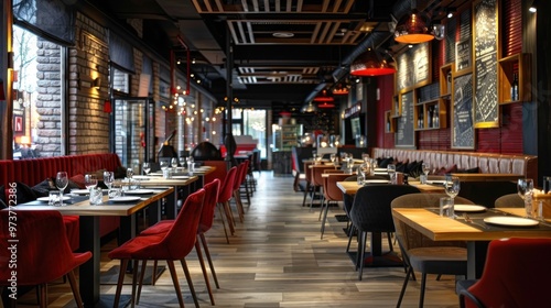 Contemporary modern restaurant interior with beautiful hanging lamps AI generated image