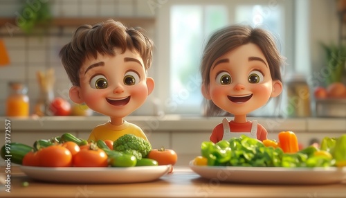 Eating vegetables, children like to eat vegetables, vegetables are healthy, children have breakfast with vegetables, children take photos in front of vegetables, boy and girl eat vegetable