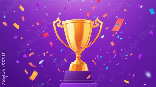 A gold trophy is on top of a purple background with confetti