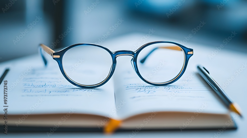 Blue-Framed Glasses Resting on an Open Notebook with a Pen Blue-Framed Glasses Resting on an Open Notebook with a Pen