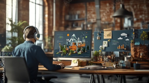 Employee wearing headphones, focused on work at a computer in an open office space, focused office worker, productivity, concentration, technology