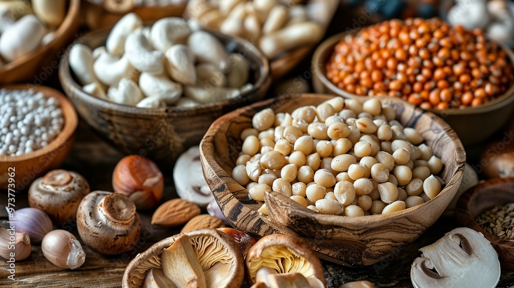 Naklejka premium Balanced Diet with Nutritious Foods High in Vitamin B3 (Niacin): Featuring the Molecular Structure of Niacin – Top Sources Include Seeds, Nuts, Meat, Legumes, Mushrooms, and Peanuts