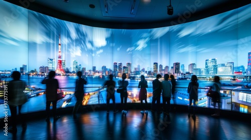 group of people in a room with screens alluding to a futuristic museum photo