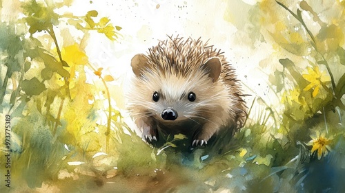 Watercolor illustration of a hedgehog exploring a lush, green garden, with soft, fluid brushstrokes. photo