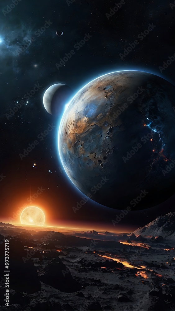 Dark space illustration of random sized and shapes planets in endless galaxy with stars, nebulas and astronomical objects