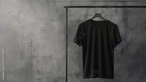 blank black T-shirt for mockup hanging on a simple clothing rack