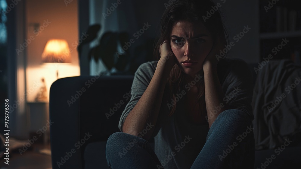 Young woman sitting alone in the dark, reflecting on depression, moody atmosphere Young woman sitting alone in the dark, reflecting on depression, moody atmosphere