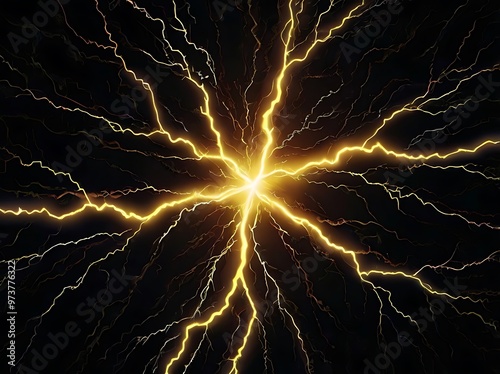 Yellow lightning on black background, lighting bolt on solid dark night wallpaper, graphical design