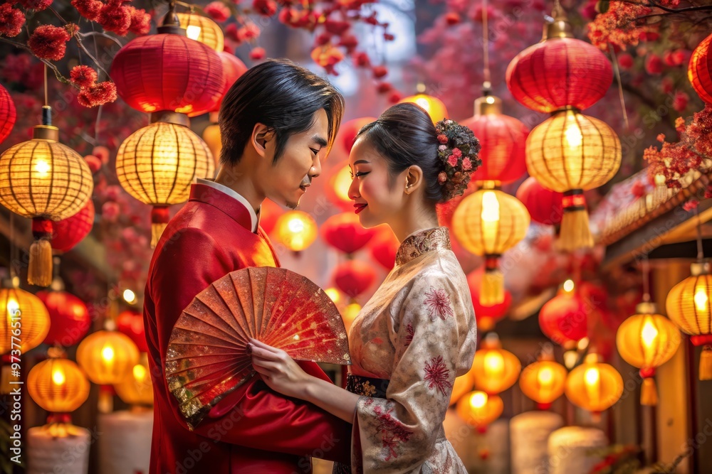 Obraz premium Adoring couple holds hands, gazes lovingly, surrounded by vibrant red lanterns, intricate golden fans, and delicate
