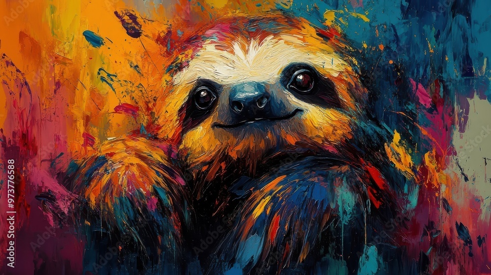A sloth portrayed in Abstract Expressionism style, with bold, energetic colors and dynamic brushstrokes. A sloth portrayed in Abstract Expressionism style, with bold, energetic colors and dynamic brushstrokes.