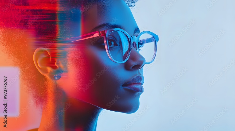 A woman with blue and red lighting on her face wearing glasses A woman with blue and red lighting on her face wearing glasses