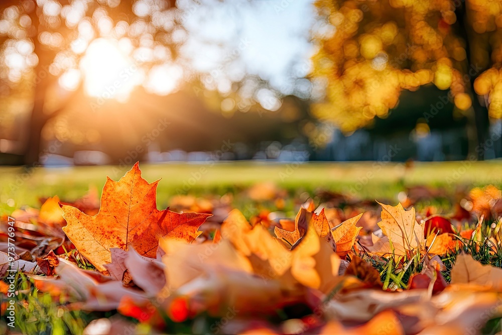 Orange fall leaves in park, autumn natural background , ai Orange fall leaves in park, autumn natural background , ai