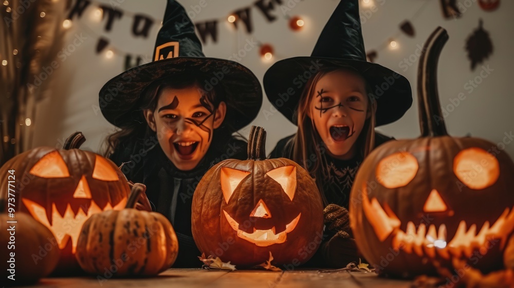 Fototapeta premium happy Halloween. children with jack o lantern make up in costume at trick or treat Halloween celebration party.