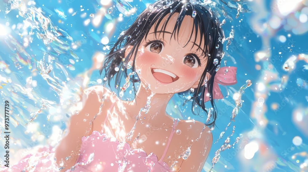 Happy Anime Girl in Pink Bikini with Water Splashes Happy Anime Girl in Pink Bikini with Water Splashes