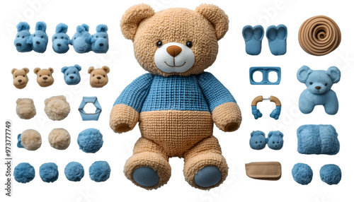 A teddy bear adorned with various colorful knitted materials, showcasing a patchwork of textures and patterns.