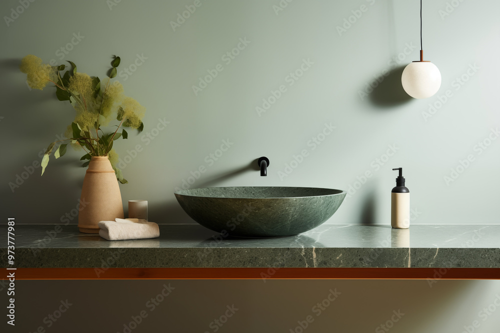 Modern Bathroom Interior with Green Marble Sink and Pendant Light Modern Bathroom Interior with Green Marble Sink and Pendant Light