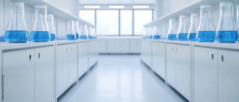 Clean laboratory environment featuring glass flasks filled with blue liquid, perfect for science or research-related projects.