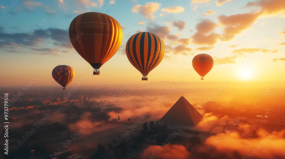 Obraz premium Hot air balloons soaring over a pyramid at sunrise, ideal for travel and adventure promotion. Design for Wall Art, Poster Print, Wallpaper & Background