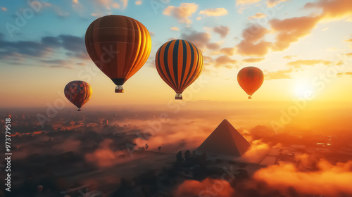 Hot air balloons soaring over a pyramid at sunrise, ideal for travel and adventure promotion. Design for Wall Art, Poster Print, Wallpaper & Background