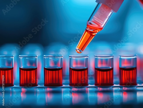 A close-up of a dropper dispensing a red liquid into multiple test tubes, showcasing laboratory experimentation.