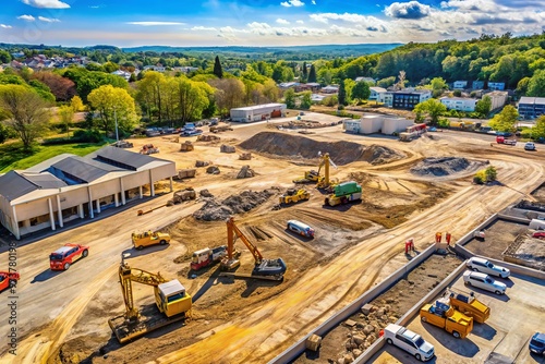 Aerial view of a large commercial construction site with excavators, trucks, and building materials on a sunny day photo