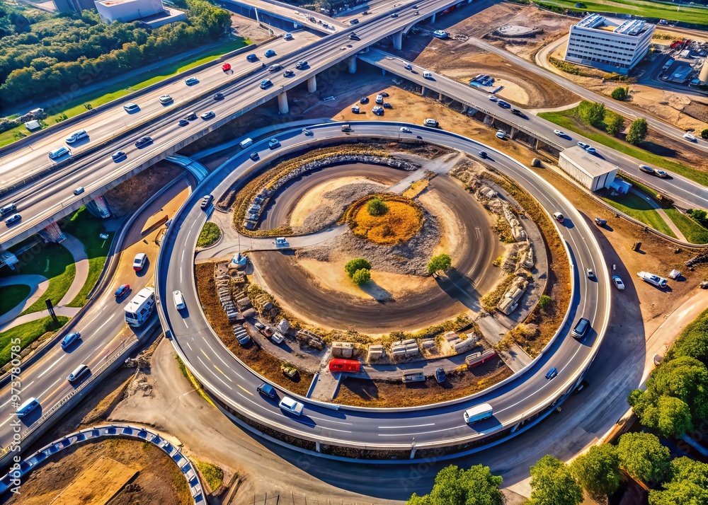 Aerial view of a large roundabout under construction, with excavators and trucks navigating the curves, surrounded by a Aerial view of a large roundabout under construction, with excavators and trucks navigating the curves, surrounded by a