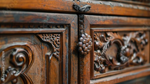 Close up detail of old antique teak wood cupboard beautiful design AI generated image