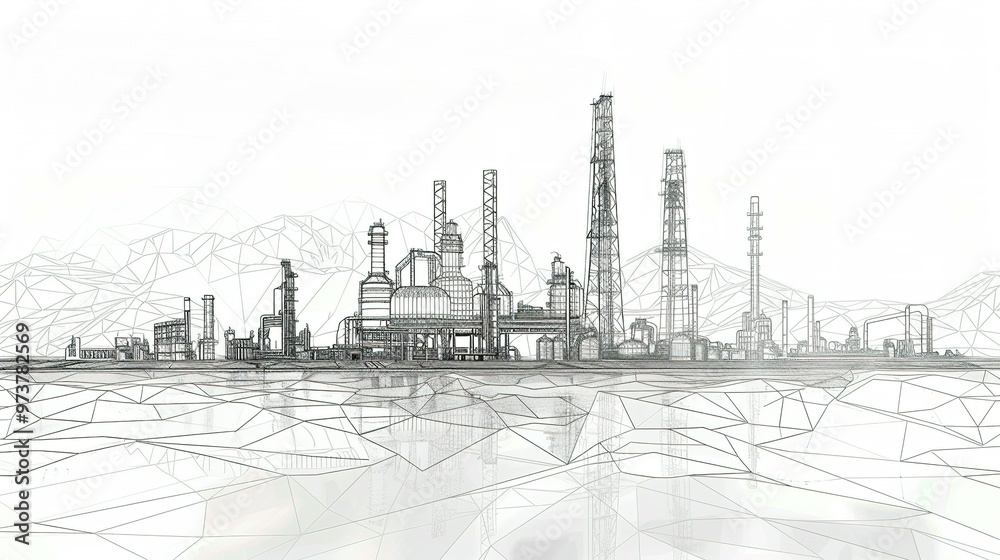 Line Drawing Depicting an Industrial Landscape Featuring an Oil Refinery Plant – Representing the Oil Industry with the Sky Depicted in a Separate Layer