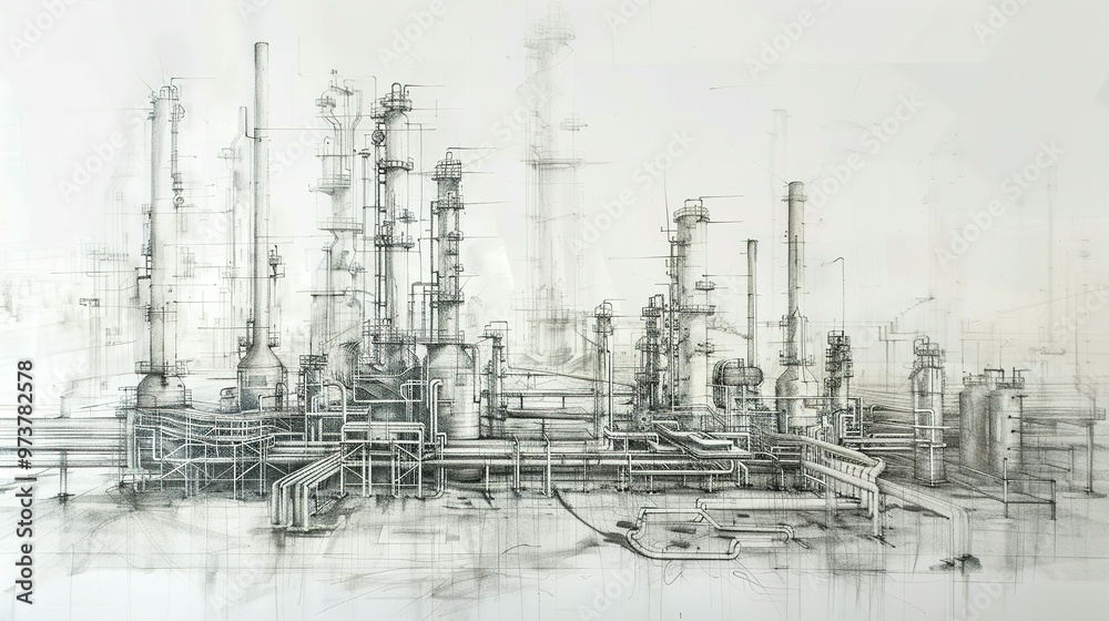 Line Drawing Depicting an Industrial Landscape Featuring an Oil Refinery Plant – Representing the Oil Industry with the Sky Depicted in a Separate Layer Line Drawing Depicting an Industrial Landscape Featuring an Oil Refinery Plant – Representing the Oil Industry with the Sky Depicted in a Separate Layer