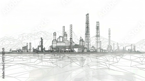 Line Drawing Depicting an Industrial Landscape Featuring an Oil Refinery Plant – Representing the Oil Industry with the Sky Depicted in a Separate Layer photo