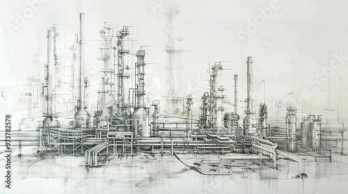 Line Drawing Depicting an Industrial Landscape Featuring an Oil Refinery Plant – Representing the Oil Industry with the Sky Depicted in a Separate Layer