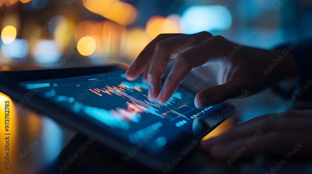 Hand Interacting with Tablet Displaying Financial Data Hand Interacting with Tablet Displaying Financial Data