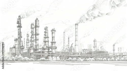 Industrial Landscape Line Drawing: Oil Refinery Plant Representing the Oil Industry with the Sky in a Separate Layer