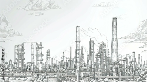 Industrial Landscape Line Drawing: Oil Refinery Plant Representing the Oil Industry with the Sky in a Separate Layer