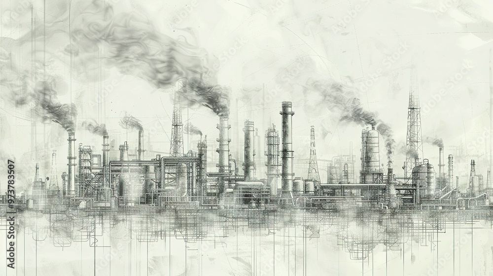 Separate Layer Sky: Line Drawing of an Industrial Landscape Featuring an Oil Refinery Plant – Representing the Oil Industry Separate Layer Sky: Line Drawing of an Industrial Landscape Featuring an Oil Refinery Plant – Representing the Oil Industry