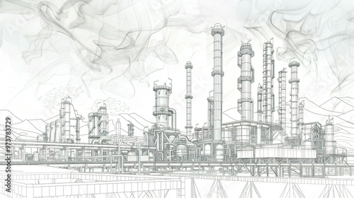 Industrial Scene: Line Drawing of an Oil Refinery Plant with the Sky in a Separate Layer – Representing the Oil Industry