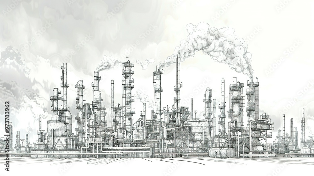 Industrial Scene: Line Drawing of an Oil Refinery Plant with the Sky in a Separate Layer – Representing the Oil Industry Industrial Scene: Line Drawing of an Oil Refinery Plant with the Sky in a Separate Layer – Representing the Oil Industry