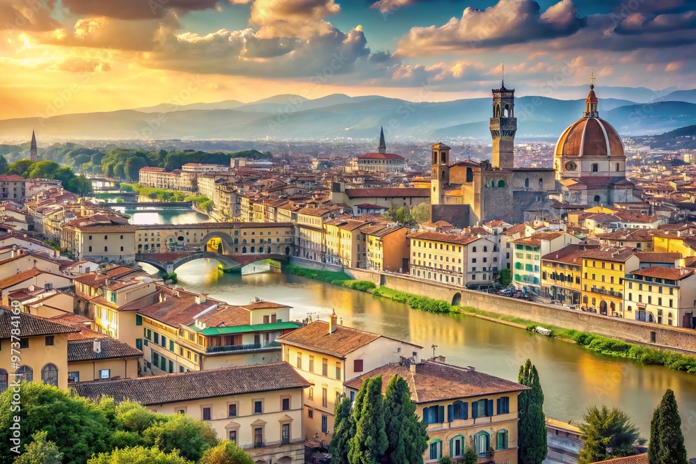 Obraz premium Aerial view of historic Florence, Italy, with iconic Duomo and Ponte Vecchio landmarks, surrounded by rolling hills and
