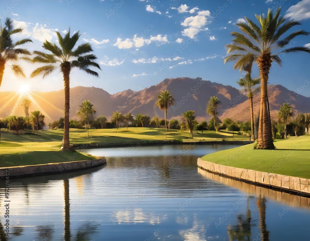 Obraz premium Water feature on a golf course in Palm Desert. 