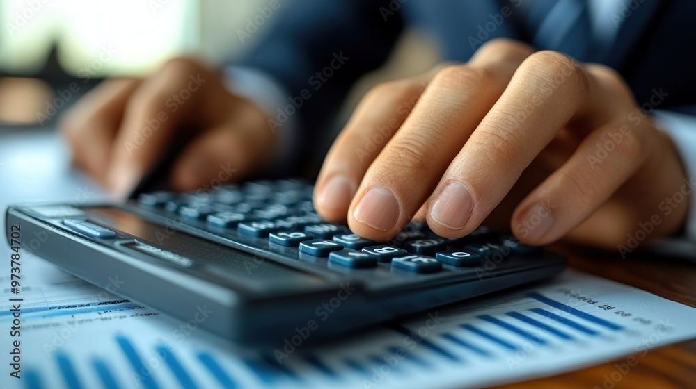 Close-up of hands using a calculator on financial documents. Close-up of hands using a calculator on financial documents.