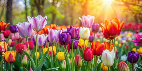 Vibrant multi-colored tulips blooming in a beautiful spring garden, tulips, flowers, spring, colorful, garden, blooms, petals