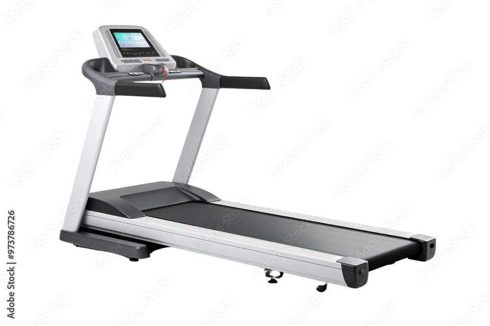 High-end treadmill with large touch screen, isolated on white background.