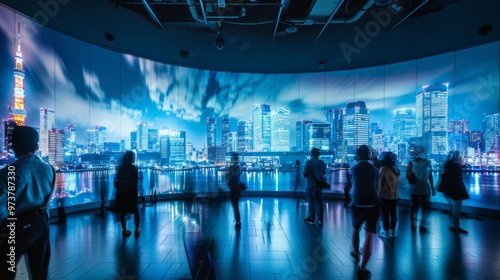 group of people in a room with screens alluding to a futuristic museum photo