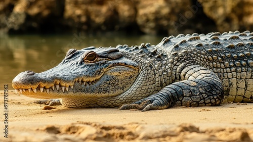 A crocodile lounging on a beach, with its rugged skin contrasting against the sandy shore.