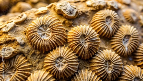 Close-up of fossilized crinoid stems found in sedimentary rock, fossil, crinoid, stem, marine, ancient photo