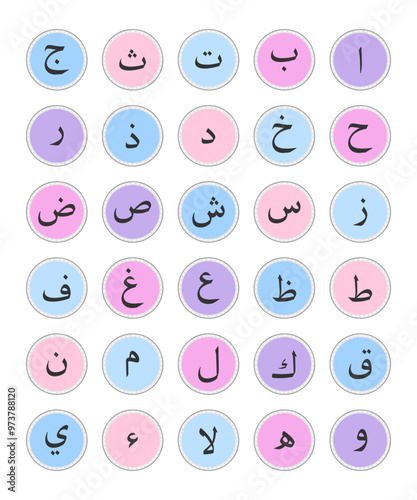 Colorful Arabic Alphabet for School Books, First Words Alphabet Cards for Toddlers Kids, Early Childhood Education. Arabic alphabet education reading, learning. Islamic vector illustration