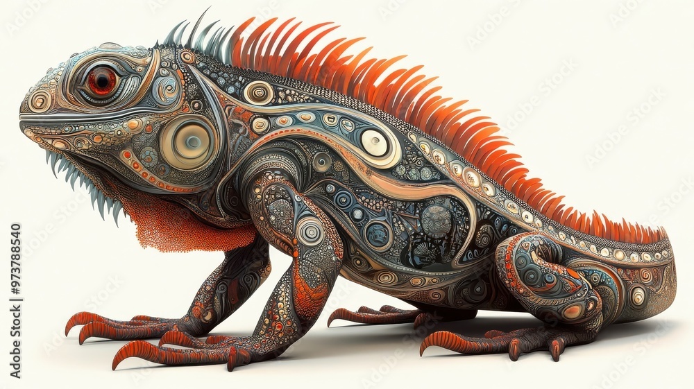 Fototapeta premium An iguana rendered in Art Nouveau style, featuring intricate, flowing lines and ornate patterns on its body.