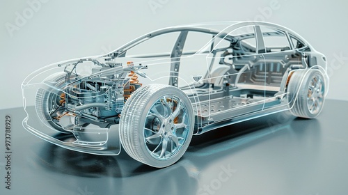 Line Art 3D Illustration Displaying a Modern Electric Car Chassis X-Ray, Revealing the Vehicle Battery in a Studio Environment