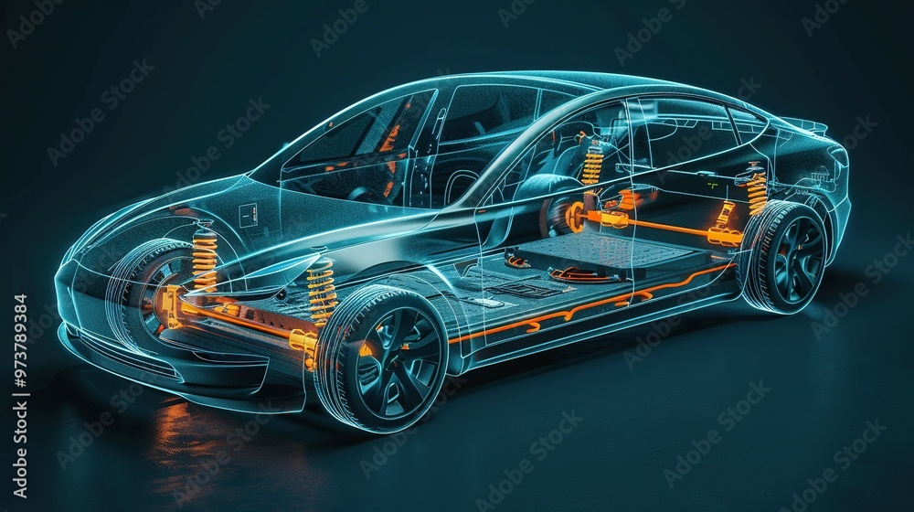Studio Environment X-Ray: Line Art 3D Illustration of a Modern Electric Car Chassis, Revealing the Vehicle Battery Studio Environment X-Ray: Line Art 3D Illustration of a Modern Electric Car Chassis, Revealing the Vehicle Battery