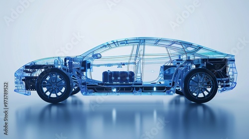 Revealing the Vehicle Battery: Line Art 3D Illustration of a Modern Electric Car Chassis X-Ray in a Studio Setting